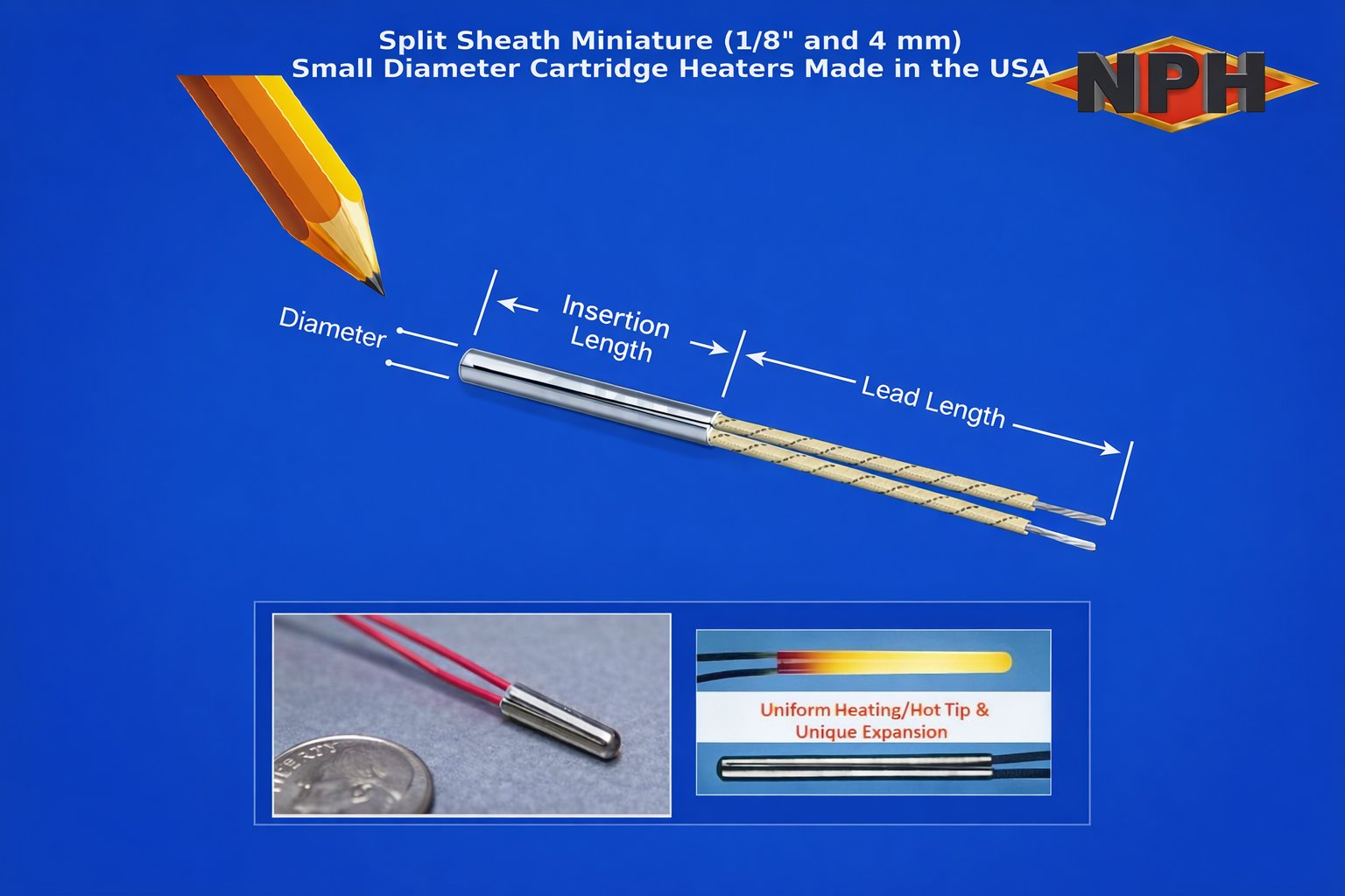Split Sheath Miniature Cartridge Heaters with Hot Tip